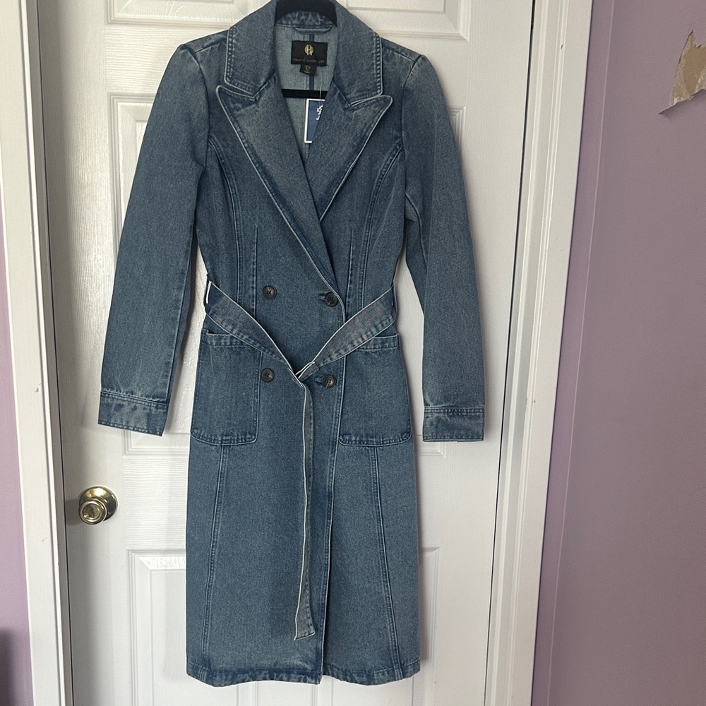 House of Harlow Denim Trench Coat - Long Double-Breasted Style